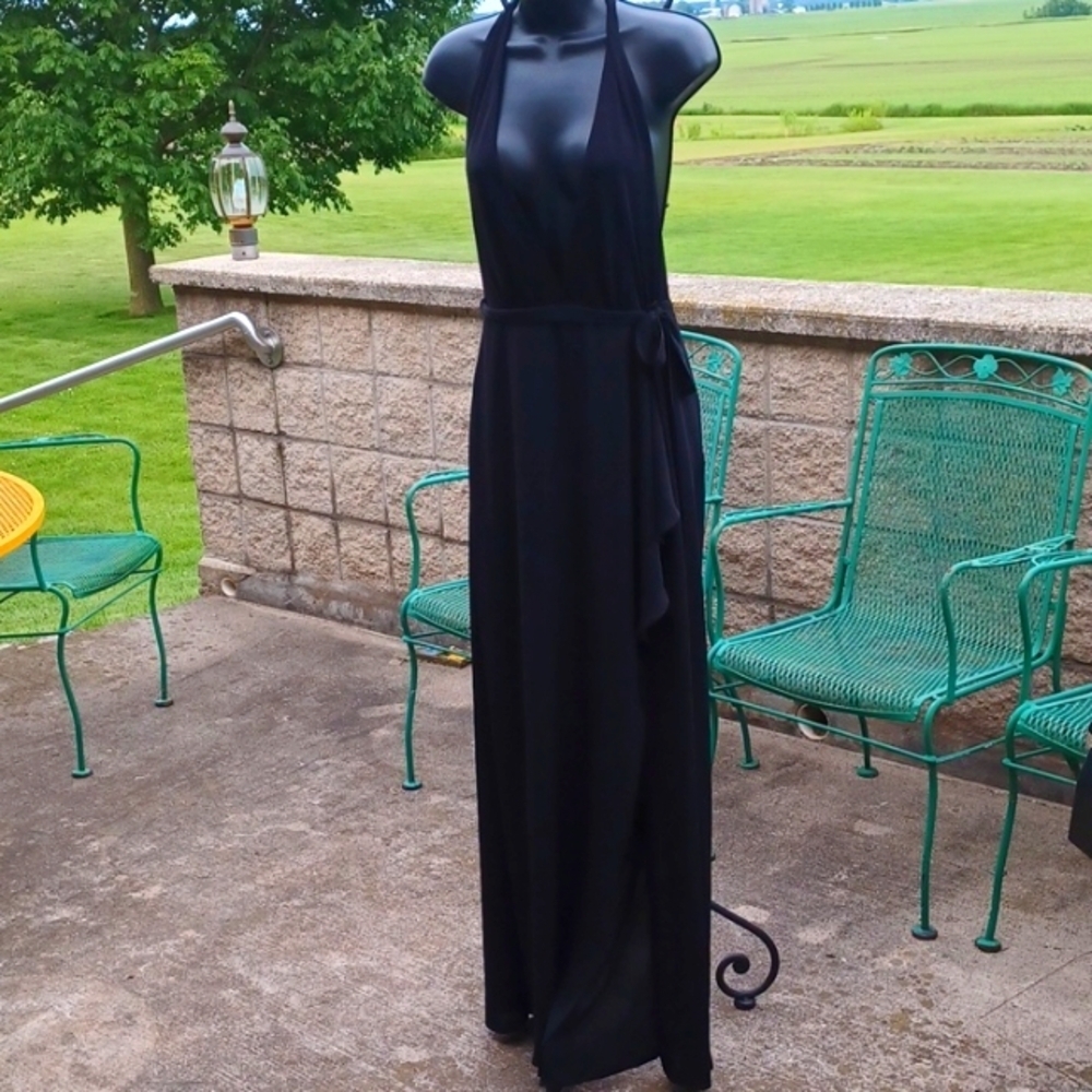 BCBG beautiful black halter maxi dress, plunging neckline, side slit, open back